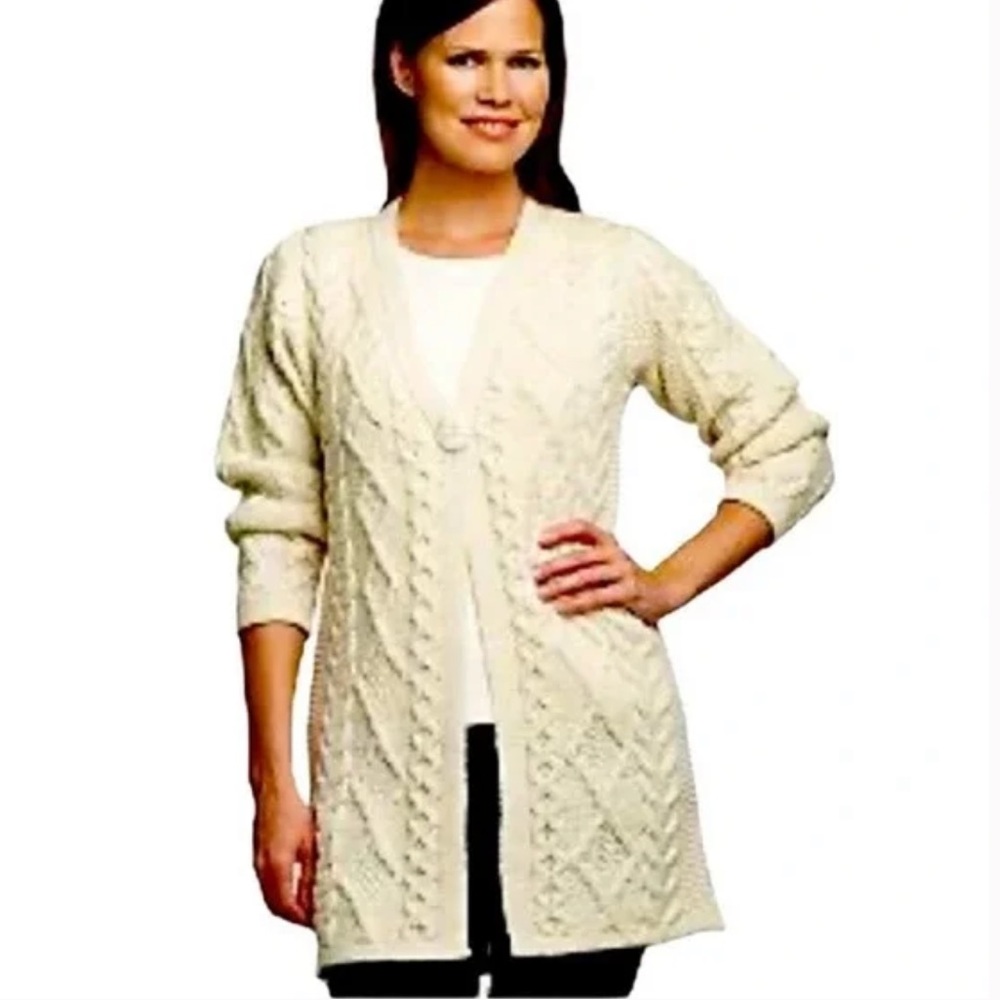 Aran Crafts Cable Knit Cardigan Sweater Coat Cream merino wool